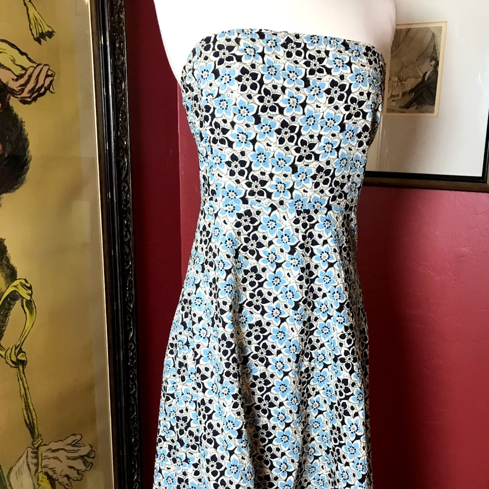 J Crew Blue/White/Black Summer Dress, Strapless